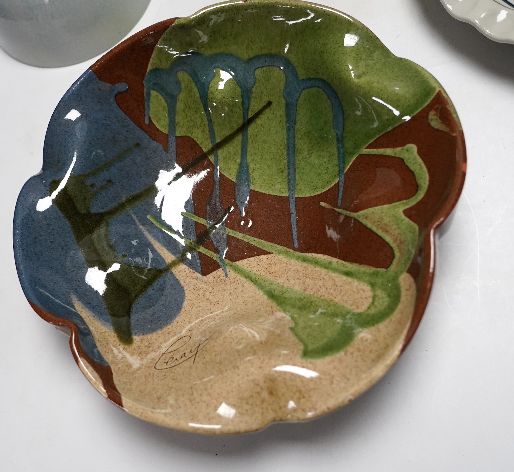 A Raku ware pottery vase, a Leiard dish, a dish and a grey glazed vase, Raku vase 17.5cm high